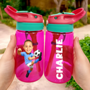 Gift For Kids, Happy, Funny, Custom Photo - Custom Photo Cute Kid Sport Playing Football Soccer Baseball Softball - Personalized Kids Water Bottle With Straw