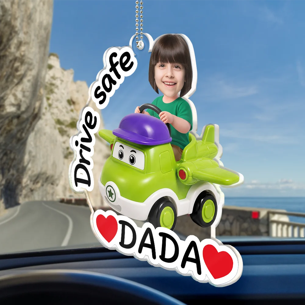 Gift For Father,Custom Photo,Adorable,Cut-Face Photo,Vector - Custom Photo Cute Kid With Car Drive Safe Daddy - Personalized Acrylic Car Hanger