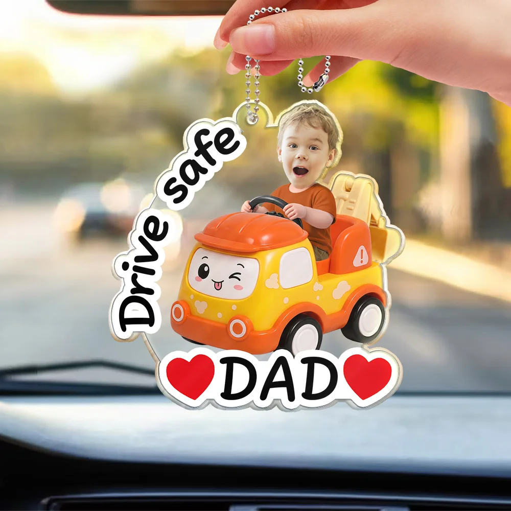 Gift For Father,Custom Photo,Adorable,Cut-Face Photo,Vector - Custom Photo Cute Kid With Car Drive Safe Daddy - Personalized Acrylic Car Hanger