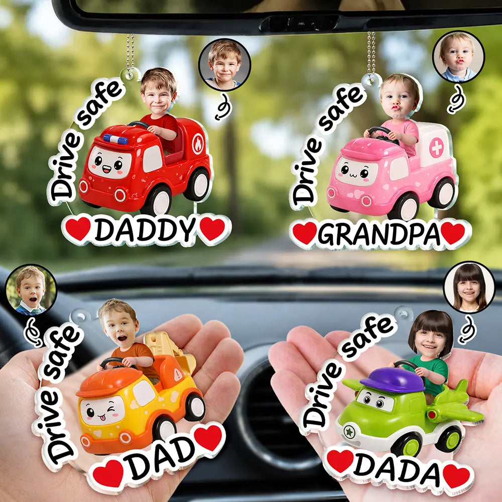 Gift For Father,Custom Photo,Adorable,Cut-Face Photo,Vector - Custom Photo Cute Kid With Car Drive Safe Daddy - Personalized Acrylic Car Hanger
