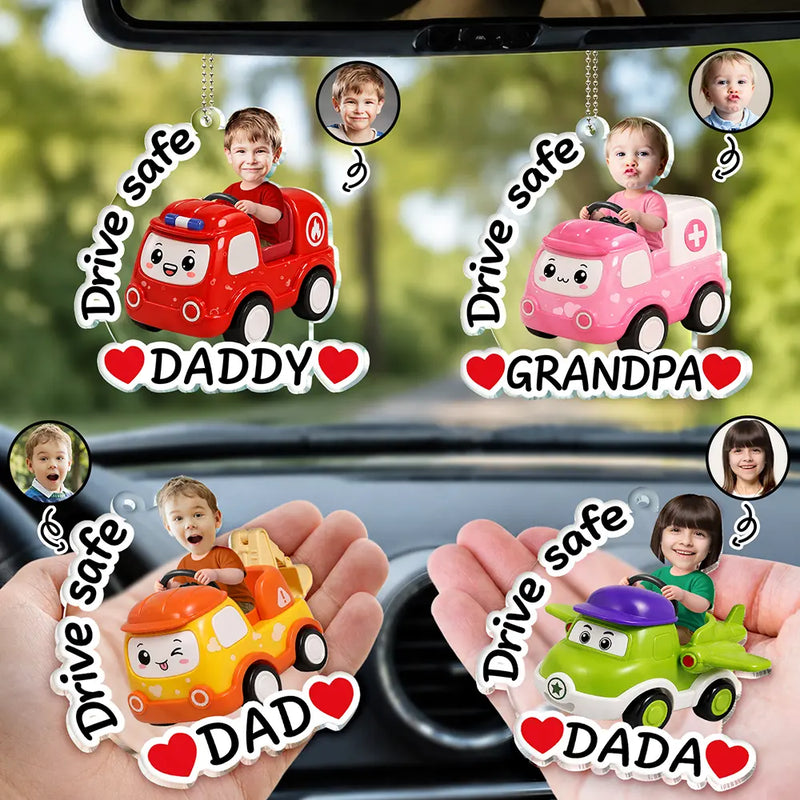Gift For Father,Custom Photo,Adorable,Cut-Face Photo,Vector - Custom Photo Cute Kid With Car Drive Safe Daddy - Personalized Acrylic Car Hanger