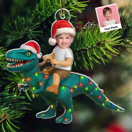 Custom Photo Cute Kid Xmas Dinosaur - Personalized Acrylic Photo Ornament