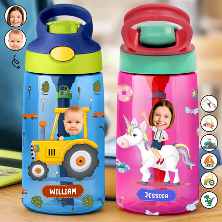 Custom Photo Cute & Funny Car Mermaid Unicorn Dinosaur Astronaut - Personalized Kids Water Bottle With Straw