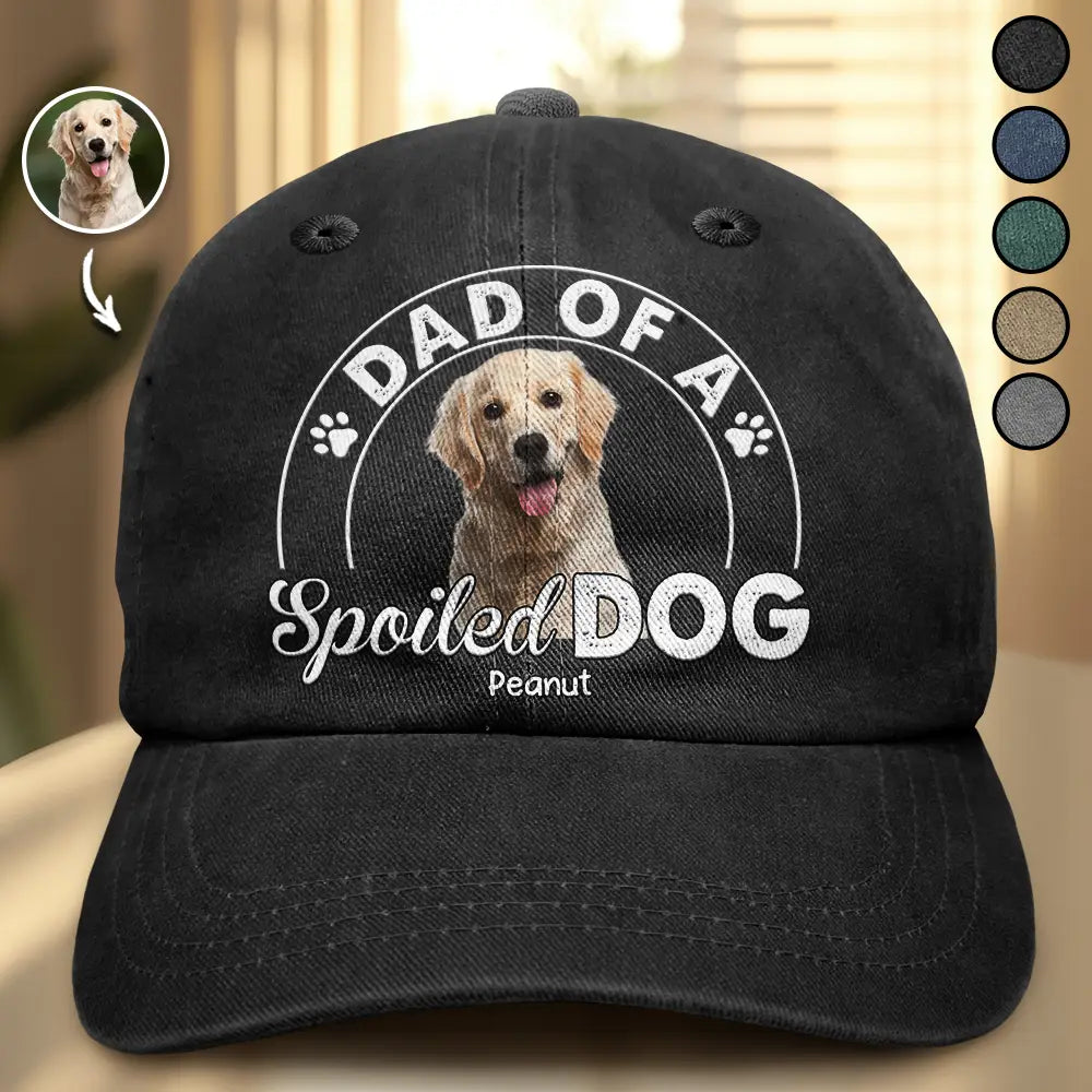 Custom Photo Dad Of A Spoiled Dog - Personalized Vintage Washed Denim Cap