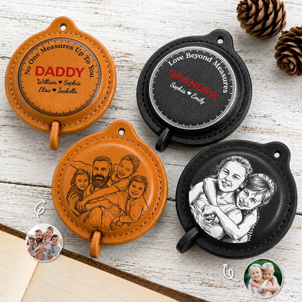 Custom Photo Daddy Love Beyond Measures Pencil Sketch - Personalized Leather Tape Measure