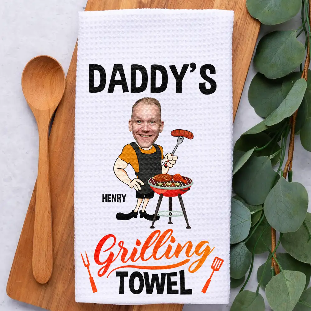 Custom Photo,Gift For Father,Grilling,Happy,Non-Eng,Photo - Custom Photo Daddy's Grilling - Personalized Kitchen Towel