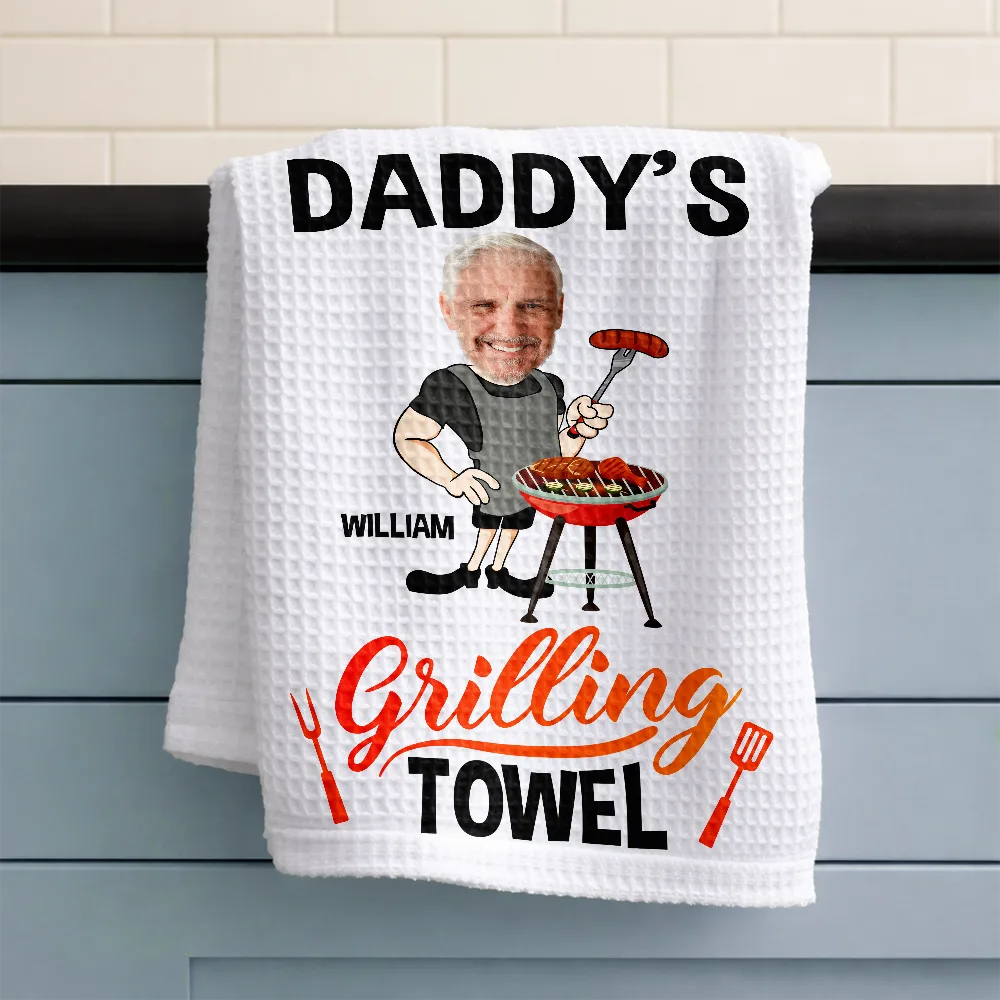 Custom Photo,Gift For Father,Grilling,Happy,Non-Eng,Photo - Custom Photo Daddy's Grilling - Personalized Kitchen Towel
