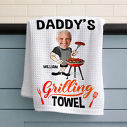 Custom Photo,Gift For Father,Grilling,Happy,Non-Eng,Photo - Custom Photo Daddy's Grilling - Personalized Kitchen Towel