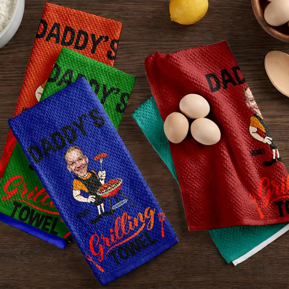Custom Photo,Gift For Father,Grilling,Happy,Non-Eng,Photo - Custom Photo Daddy's Grilling - Personalized Kitchen Towel