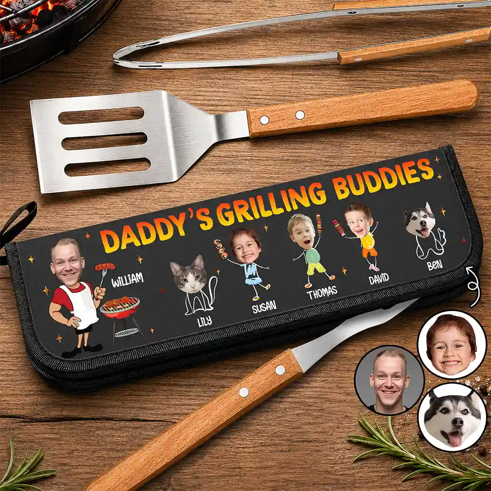 Gift For Father,Gift For Grandpa,Grandpa's Hobby,Dad's Hobby,Grilling,Non-Eng,Photo,Icon,Humorous - Custom Photo Daddy's Grilling Buddies - Personalized BBQ Tool Set With Storage Bag