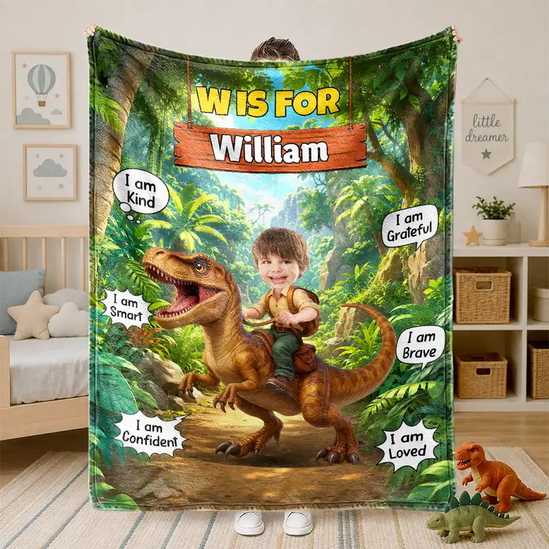 Adorable,Back To School,Custom Photo,Gift For Kids,Cut-Face Photo - Custom Photo Dinosaur Adventure - Personalized Fleece Blanket, Sherpa Blanket