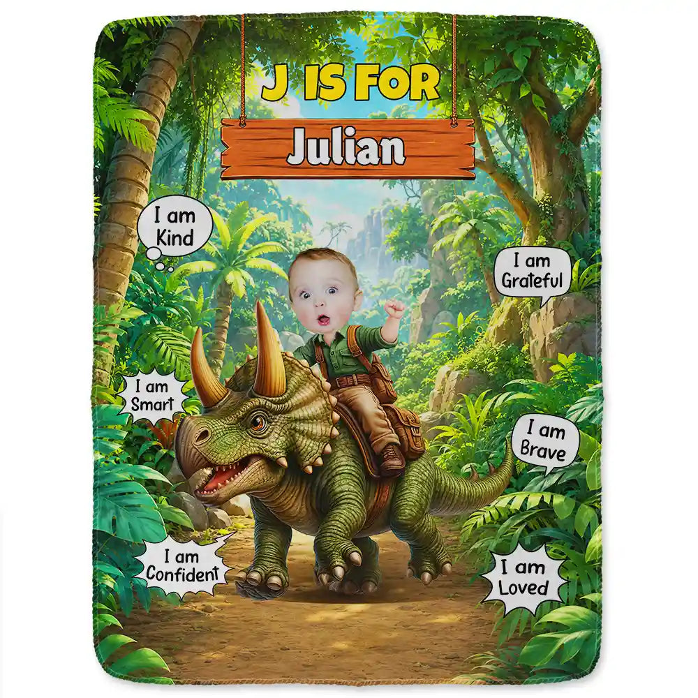 Adorable,Back To School,Custom Photo,Gift For Kids,Cut-Face Photo - Custom Photo Dinosaur Adventure - Personalized Fleece Blanket, Sherpa Blanket