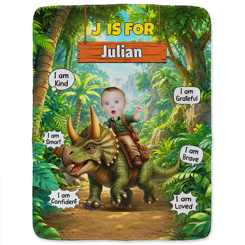 Adorable,Back To School,Custom Photo,Gift For Kids,Cut-Face Photo - Custom Photo Dinosaur Adventure - Personalized Fleece Blanket, Sherpa Blanket