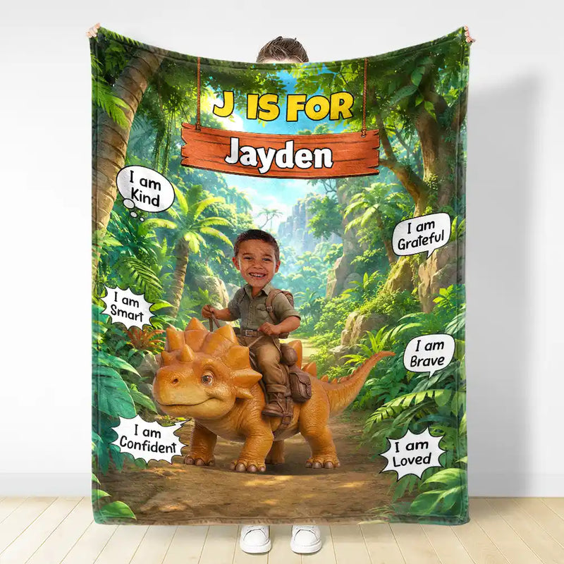 Adorable,Back To School,Custom Photo,Gift For Kids,Cut-Face Photo - Custom Photo Dinosaur Adventure - Personalized Fleece Blanket, Sherpa Blanket
