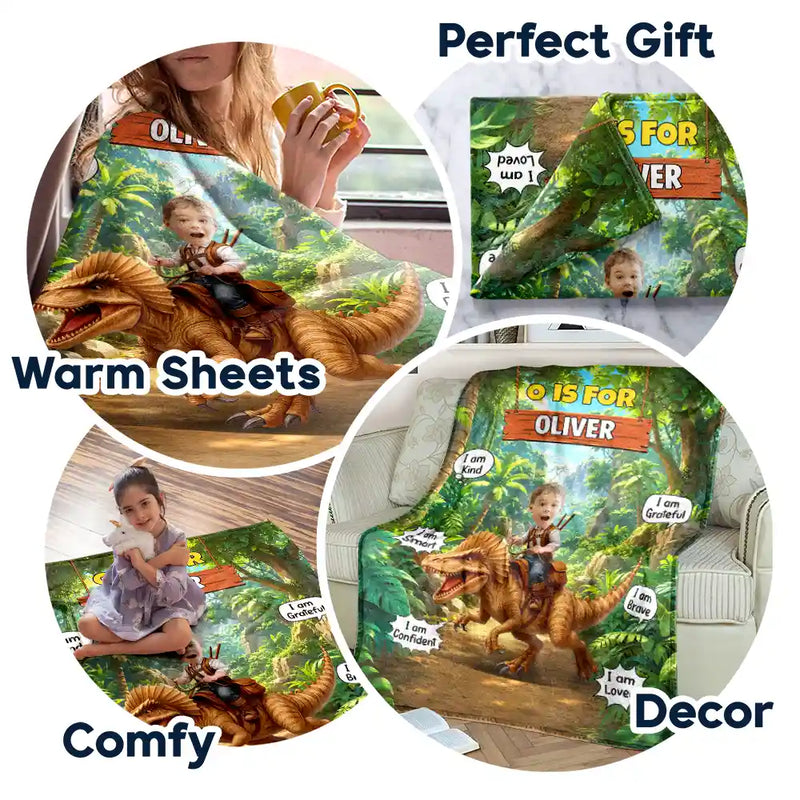 Adorable,Back To School,Custom Photo,Gift For Kids,Cut-Face Photo - Custom Photo Dinosaur Adventure - Personalized Fleece Blanket, Sherpa Blanket