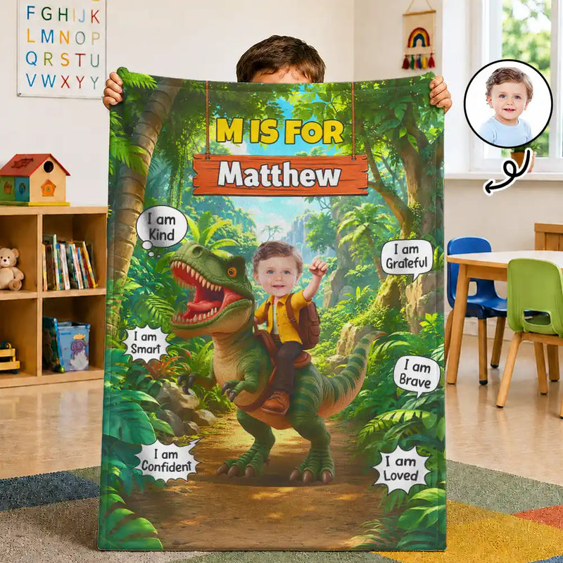 Adorable,Back To School,Custom Photo,Gift For Kids,Cut-Face Photo - Custom Photo Dinosaur Adventure - Personalized Fleece Blanket, Sherpa Blanket