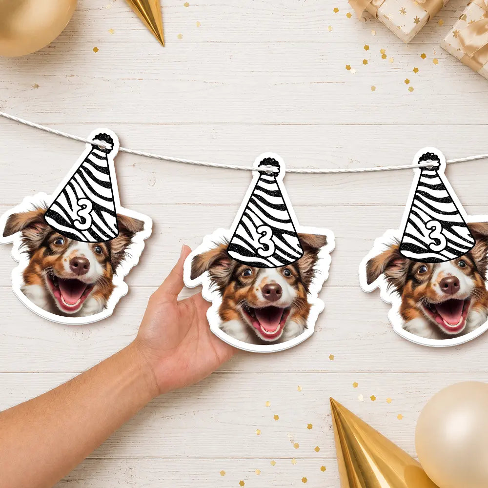 Playful, Custom Photo, Pet Lovers, Cut-Face Photo, Icon - Custom Photo Dog Face Birthday Glitter Effect - Personalized Garland Banner