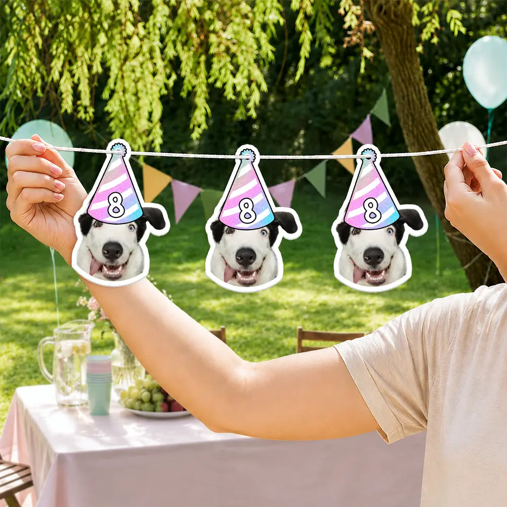 Playful, Custom Photo, Pet Lovers, Cut-Face Photo, Icon - Custom Photo Dog Face Birthday Glitter Effect - Personalized Garland Banner