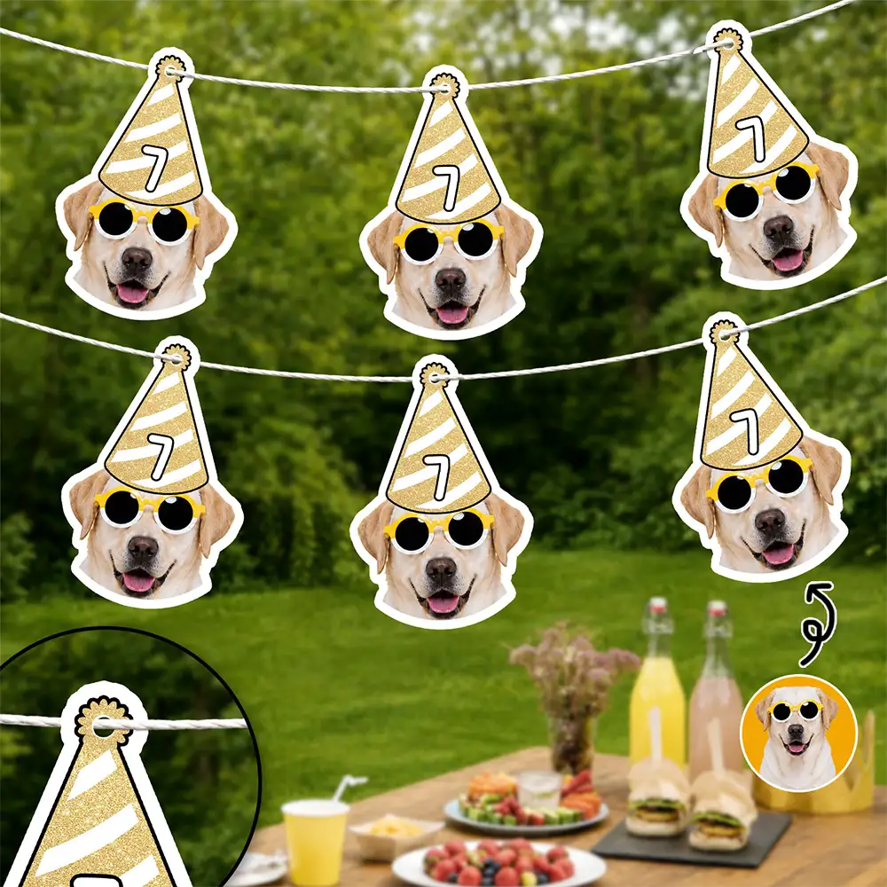 Playful, Custom Photo, Pet Lovers, Cut-Face Photo, Icon - Custom Photo Dog Face Birthday Glitter Effect - Personalized Garland Banner