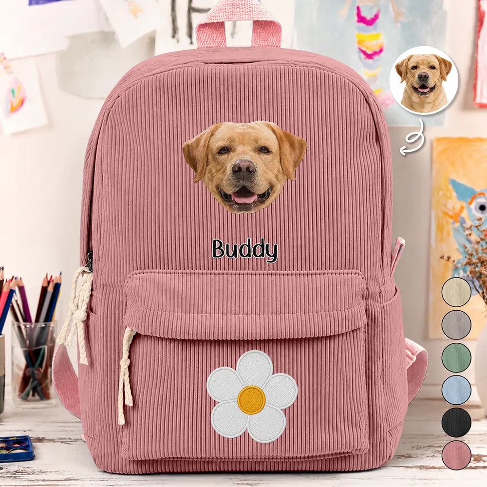 Back To School, Custom Photo, Gift For Kids, Playful, Cut-Face Photo - Custom Photo Dog Cat Face With Faux Embroidery Flower - Personalized Corduroy Backpack