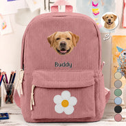 Back To School, Custom Photo, Gift For Kids, Playful, Cut-Face Photo - Custom Photo Dog Cat Face With Faux Embroidery Flower - Personalized Corduroy Backpack