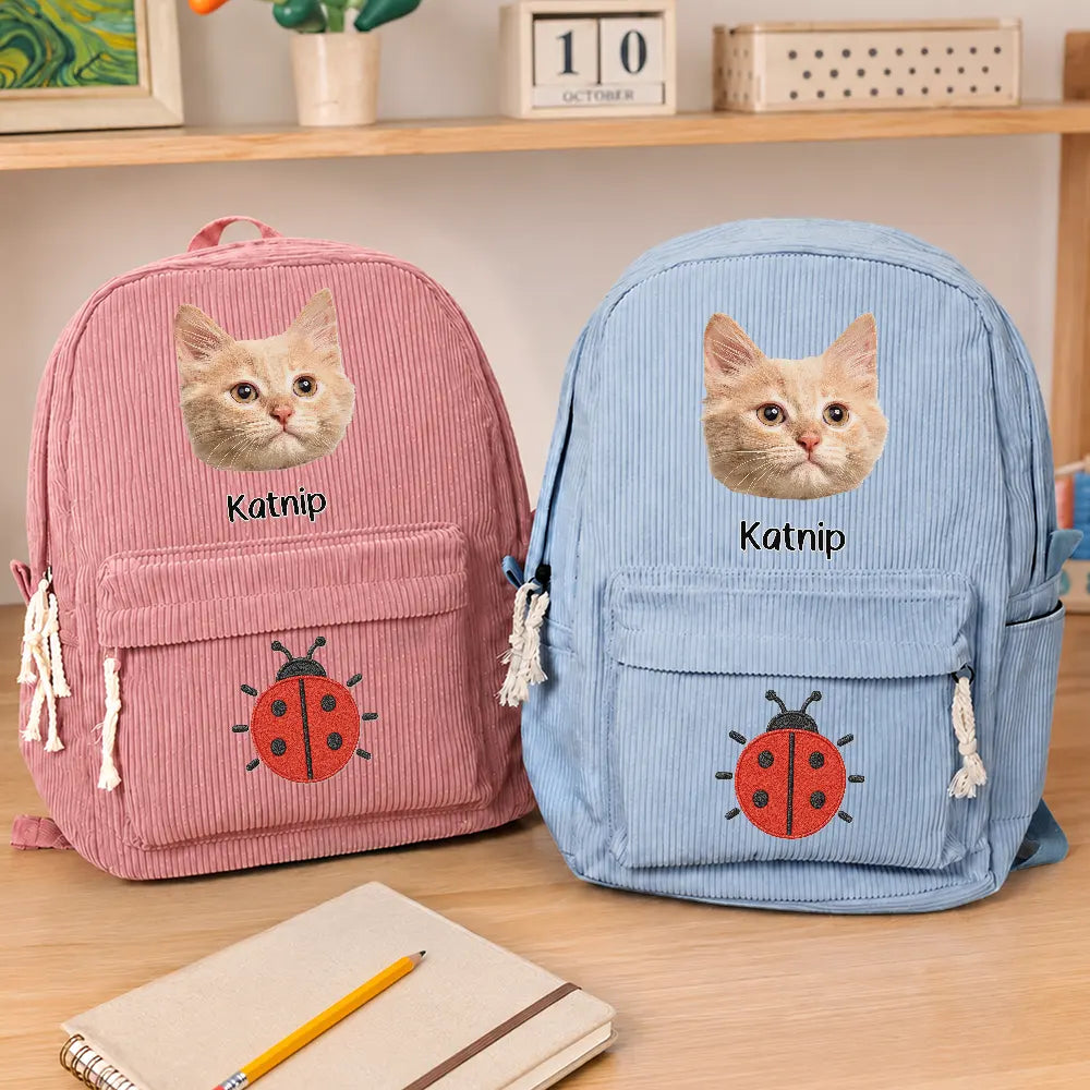 Back To School, Custom Photo, Gift For Kids, Playful, Cut-Face Photo - Custom Photo Dog Cat Face With Faux Embroidery Flower - Personalized Corduroy Backpack
