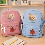 Back To School, Custom Photo, Gift For Kids, Playful, Cut-Face Photo - Custom Photo Dog Cat Face With Faux Embroidery Flower - Personalized Corduroy Backpack
