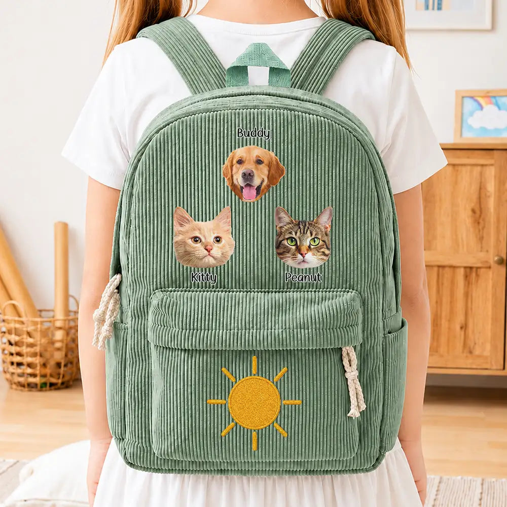 Back To School, Custom Photo, Gift For Kids, Playful, Cut-Face Photo - Custom Photo Dog Cat Face With Faux Embroidery Flower - Personalized Corduroy Backpack