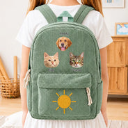 Back To School, Custom Photo, Gift For Kids, Playful, Cut-Face Photo - Custom Photo Dog Cat Face With Faux Embroidery Flower - Personalized Corduroy Backpack