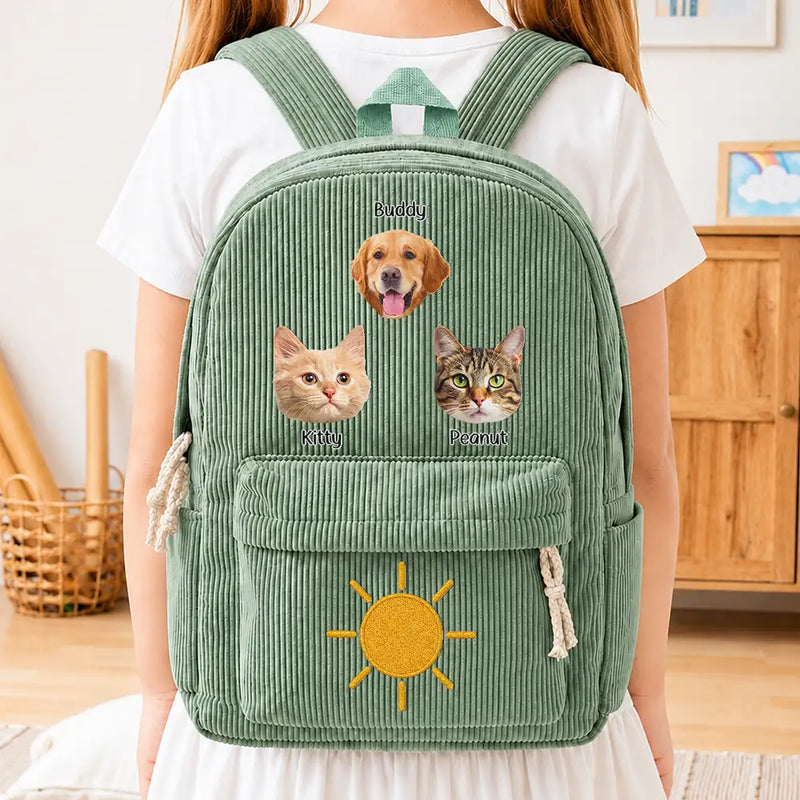 Back To School, Custom Photo, Gift For Kids, Playful, Cut-Face Photo - Custom Photo Dog Cat Face With Faux Embroidery Flower - Personalized Corduroy Backpack