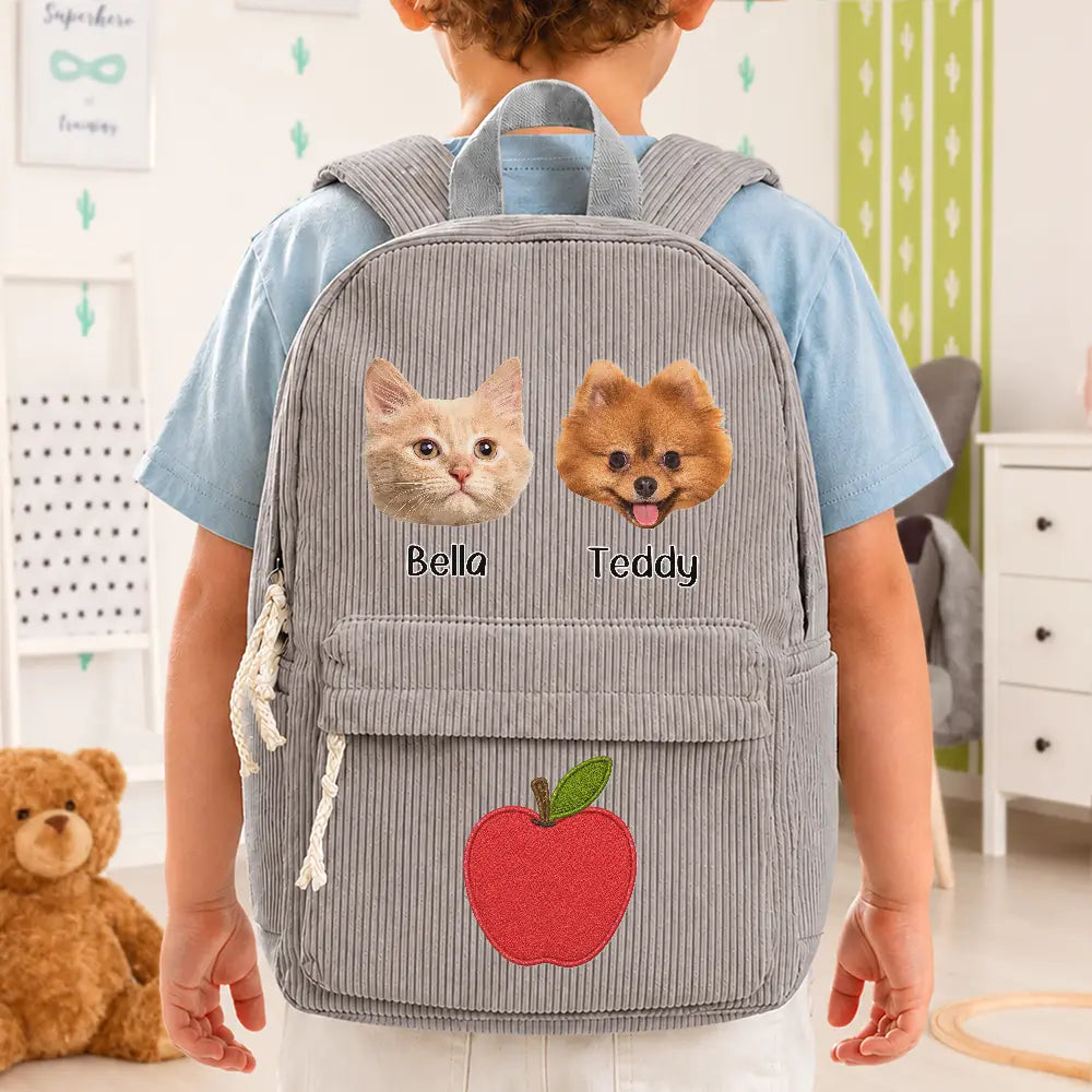 Back To School, Custom Photo, Gift For Kids, Playful, Cut-Face Photo - Custom Photo Dog Cat Face With Faux Embroidery Flower - Personalized Corduroy Backpack