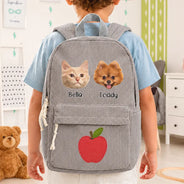 Back To School, Custom Photo, Gift For Kids, Playful, Cut-Face Photo - Custom Photo Dog Cat Face With Faux Embroidery Flower - Personalized Corduroy Backpack