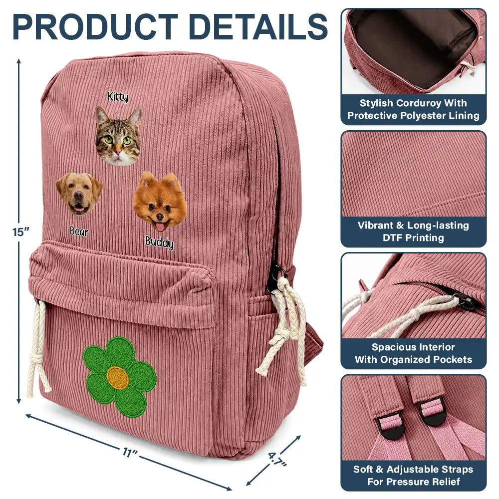 Back To School, Custom Photo, Gift For Kids, Playful, Cut-Face Photo - Custom Photo Dog Cat Face With Faux Embroidery Flower - Personalized Corduroy Backpack