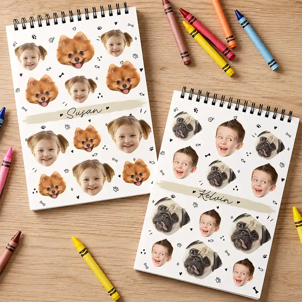 Back To School, Custom Photo, Pet Lovers, Playful, Cut-Face Photo - Custom Photo Dog Cat Family Portrait - Personalized Sketchbook