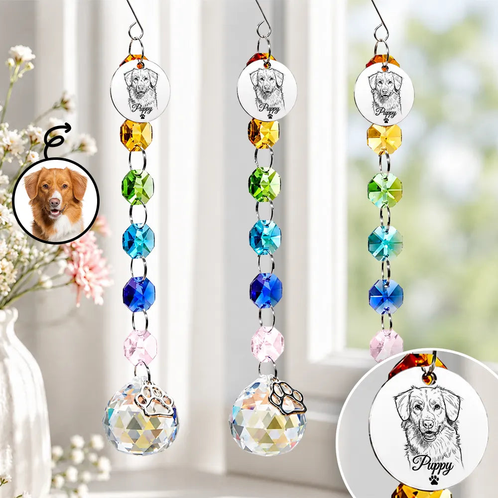 Art Design,Christmas,Pet Memorial,Sympathetic,Pet Lovers,Memorial,Photo - Pencil Sketch - Bold - Custom Photo Dog Cat Forever Love Pencil Sketch - Personalized Crystal Suncatcher With Charm