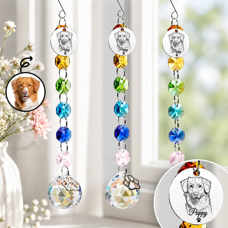 Art Design,Christmas,Pet Memorial,Sympathetic,Pet Lovers,Memorial,Photo - Pencil Sketch - Bold - Custom Photo Dog Cat Forever Love Pencil Sketch - Personalized Crystal Suncatcher With Charm