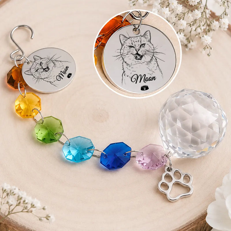 Art Design,Christmas,Pet Memorial,Sympathetic,Pet Lovers,Memorial,Photo - Pencil Sketch - Bold - Custom Photo Dog Cat Forever Love Pencil Sketch - Personalized Crystal Suncatcher With Charm