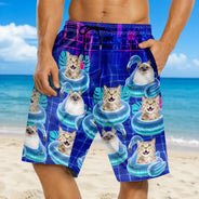 Custom Photo,Summer,Top Market,Pet Dad,Pet Lovers,Gift For Father,Playful,Remove BG Photo - Custom Photo Dog Cat Kid On Floating Paradise - Personalized Unisex Beach Shorts