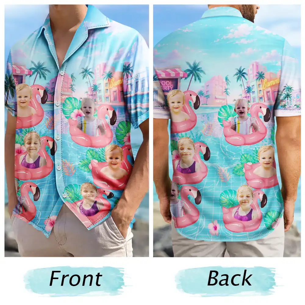Custom Photo,Summer,Top Market,Pet Dad,Pet Lovers,Gift For Father,Playful,Remove BG Photo - Custom Photo Dog Cat Kid Summer Poolside - Personalized Hawaiian Shirt