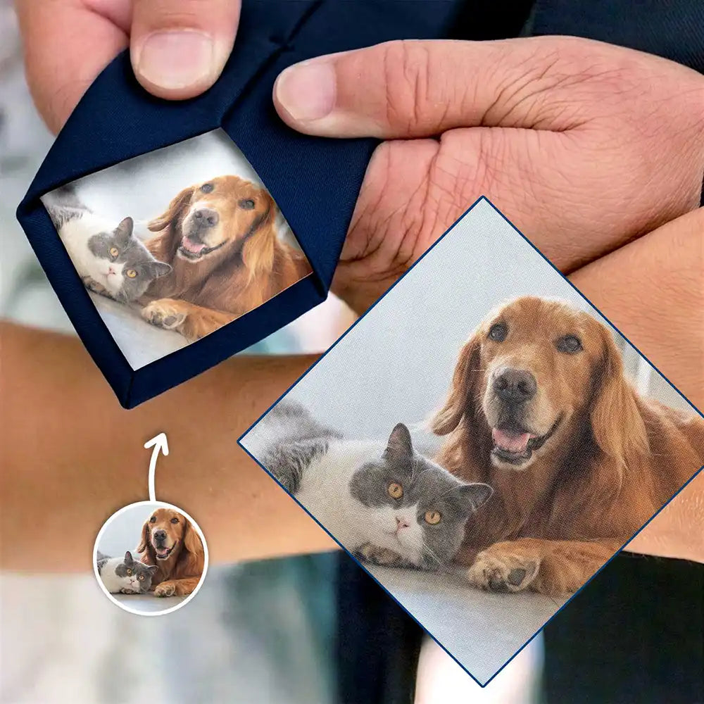 Dog Lovers, Pet Lovers, Cat Lovers, Happy, Cat Dad, Dog Dad, Pet Dad, Gift For Father, Gift For Men, Gift For Yourself, Gift For Husband - Custom Photo Dog Cat Pet - Personalized Fabric Tie Patch