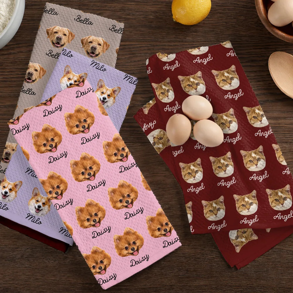 Happy,Dog Lovers,Pet Lovers,Cat Lovers - Custom Photo Dog Cat Pet Funny Face - Personalized Kitchen Towel
