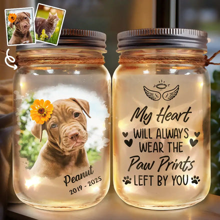Custom Photo Dog Cat Pet Memorial The Paw Prints Left By You - Personalized Mason Jar Light