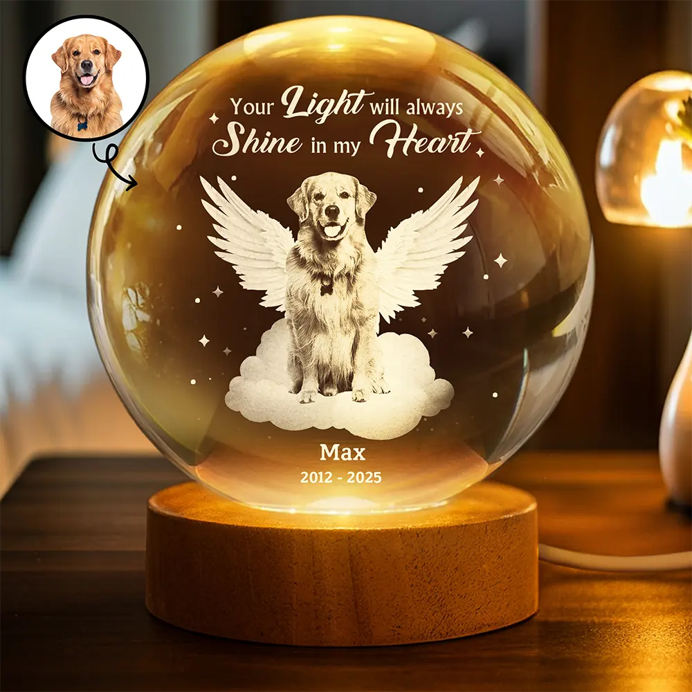 Custom Photo Dog Cat Pet Memorial Your Light Will Always Shine In My Heart - Personalized Crystal Globe Lamp