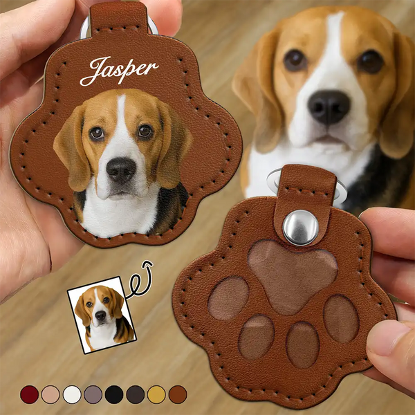 Pet Lovers, Dog Lovers, Cat Lovers - Custom Photo Dog Cat Pet Portrait - Personalized Paw Shaped Leather Keychain With Stitching