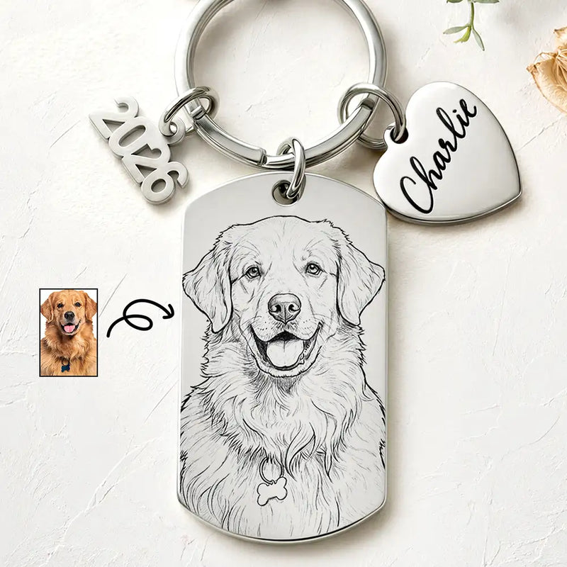 Pet Lovers,Pet Mom,Pet Dad,Pet Couple,Memorial,Non-Eng,Photo,Sympathetic - Custom Photo Dog Cat Portrait Art - Personalized Stainless Steel Keychain