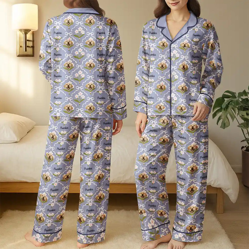 Custom Photo,Pet Lovers,Happy - Custom Photo Dog & Cat Portrait Cute Version - Personalized Satin Pajama Set