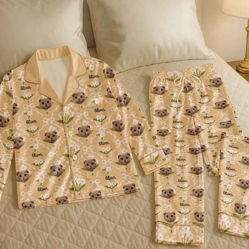Custom Photo,Pet Lovers,Happy - Custom Photo Dog & Cat Portrait Cute Version - Personalized Satin Pajama Set