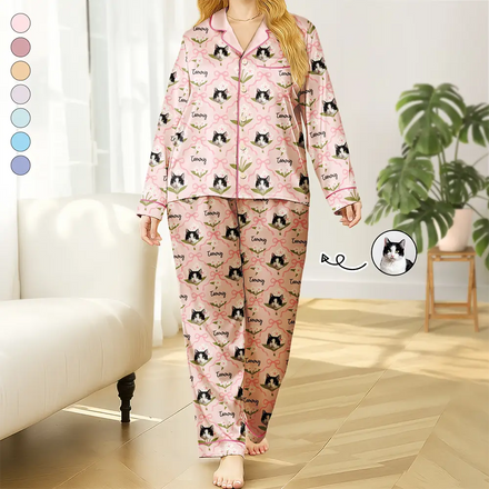 Custom Photo Dog & Cat Portrait Cute Version - Personalized Satin Pajama Set