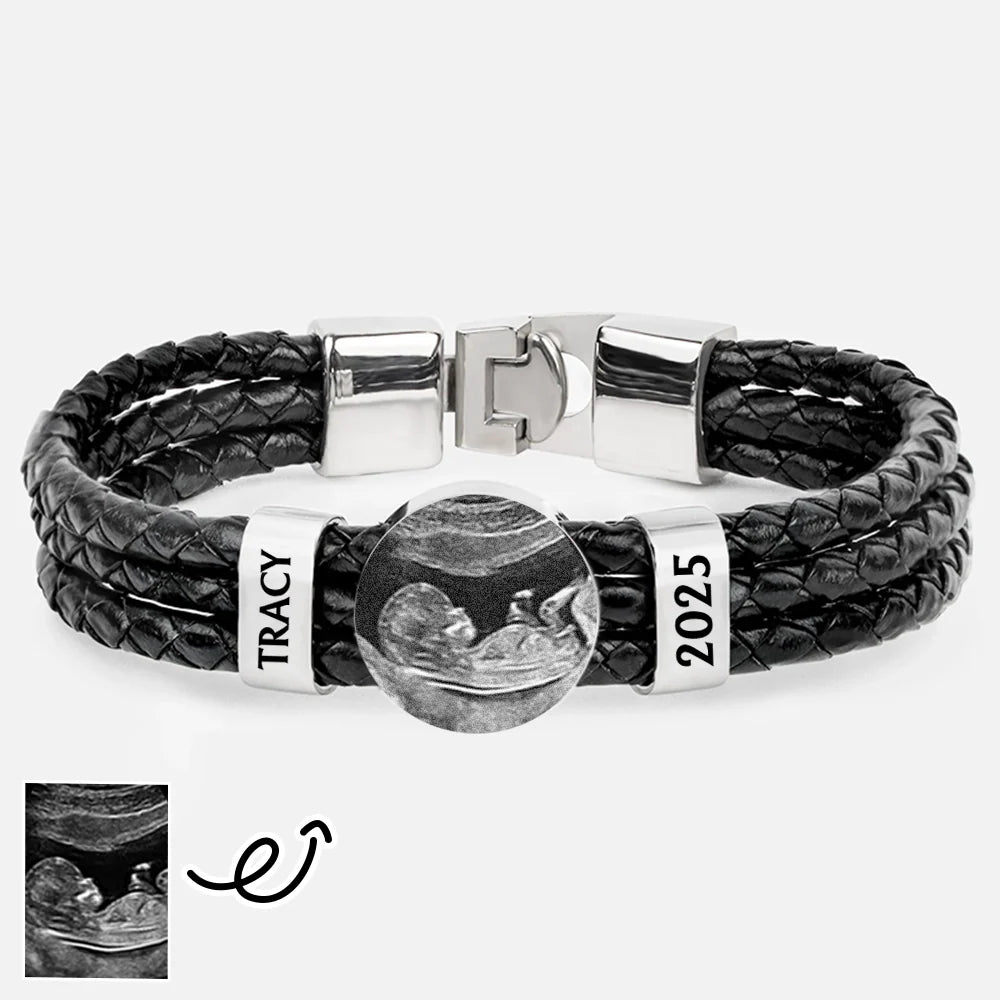 Happy, Gift For Husband, Gift For Wife, Parents, Gift For Mother, Gift For Father, New Dad, Expecting Dad, New baby, Pregnant Mom - Custom Photo Expecting Dad Mom New Parents - Personalized Leather Braided Bracelet