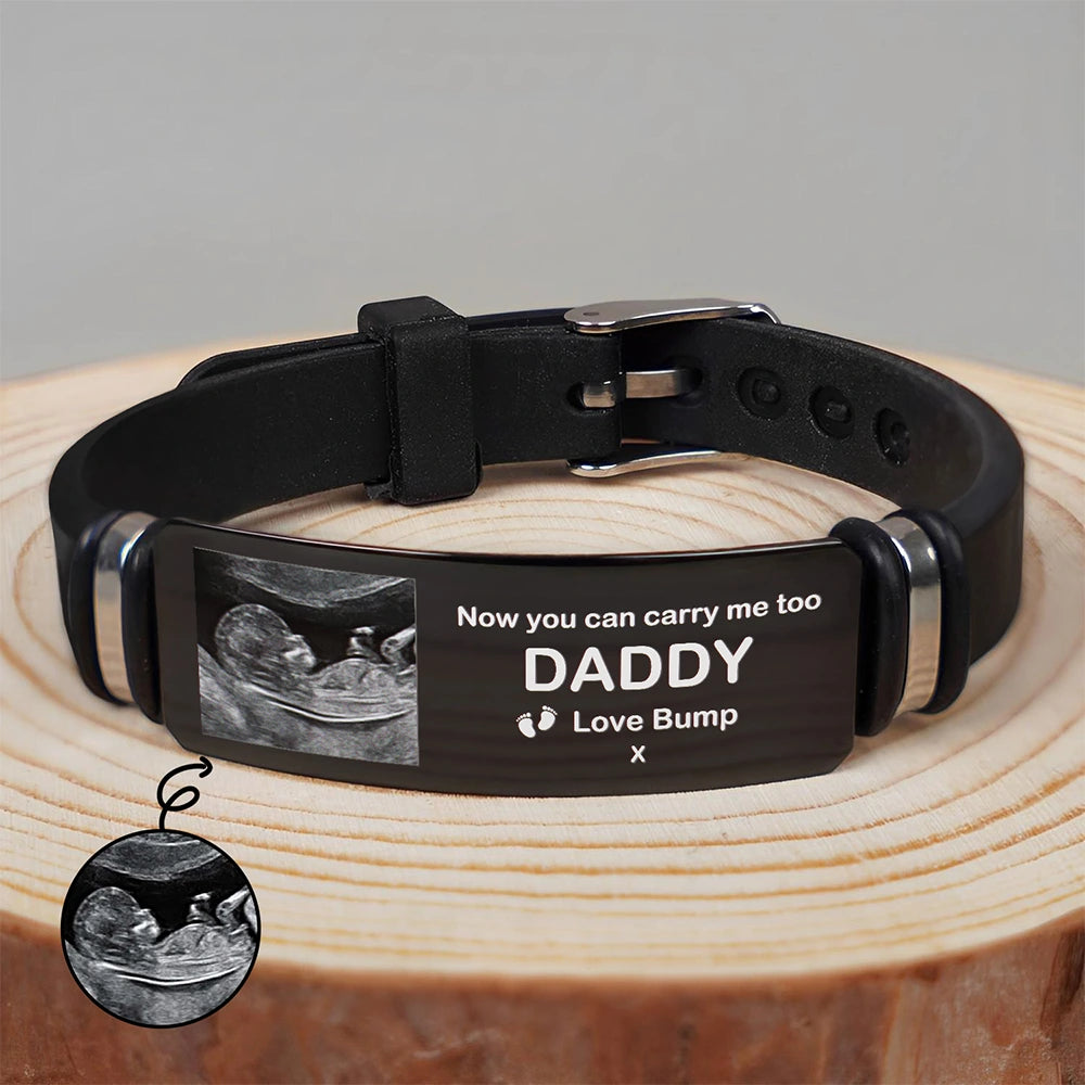 Custom Photo,New baby,New Dad,Gift For Father,Non-Eng,Photo,Adorable - Custom Photo Expecting Dad Now You Can Carry Me Too - Personalized Engraved Bracelet